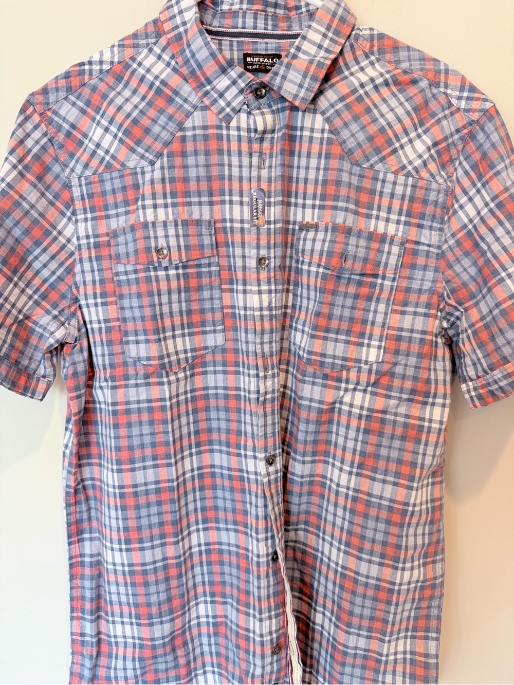 Buffalo David Bitton Short-Sleeve Plaid Button-Down in Blue, Coral & White